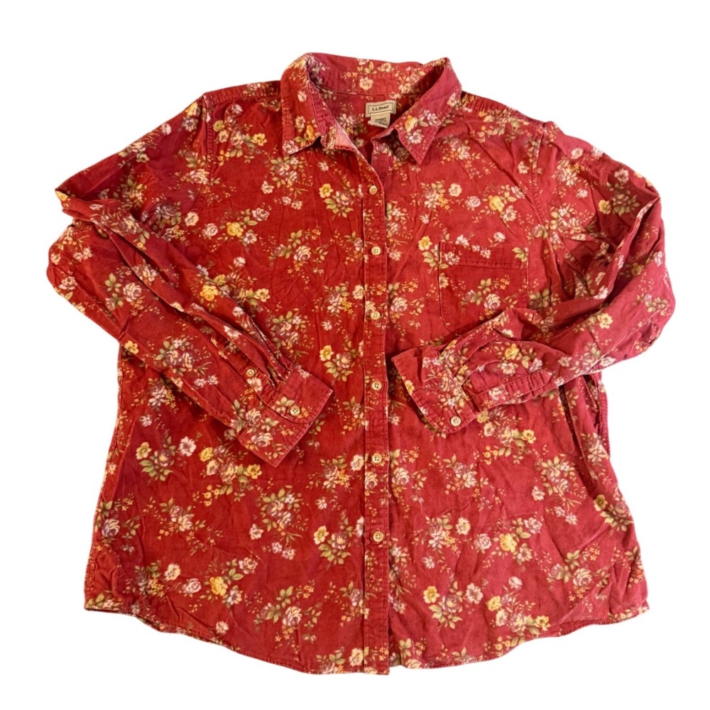 LL Bean Womens VGT Red Floral Corduroy Button Down Shirt XL Long Sleeve
